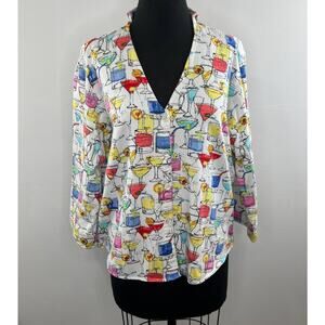 VINTAGE All Hours Cocktail Drinks 3/4 Sleeve V-Neck Button Shirttail Blouse M L